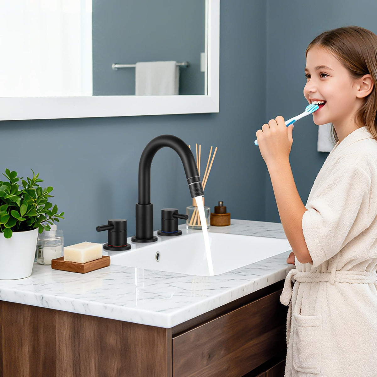 Bathroom Faucet 3 Hole with Pull Down Sprayer Matte Black, 2-Handle