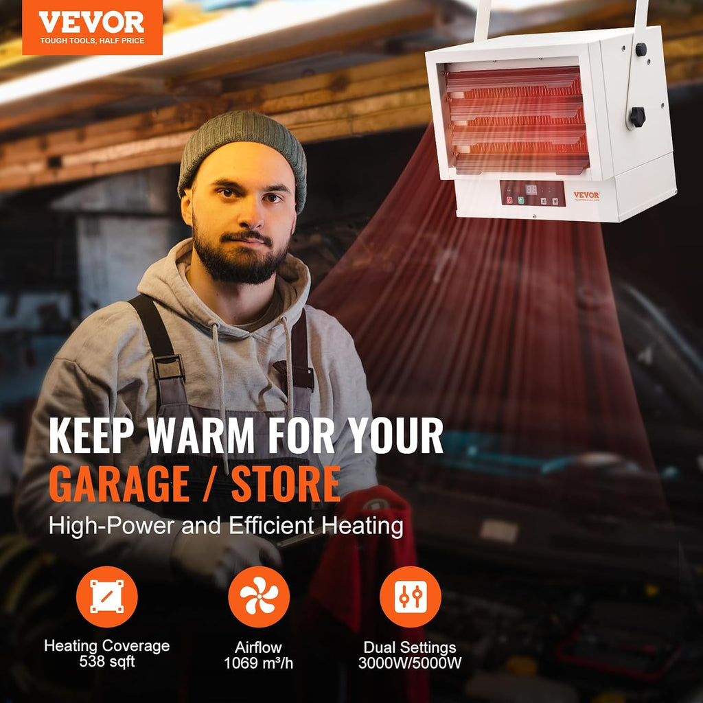 Electric Garage Heater, 5000 Watt Digital Fan Forced Wall Ceiling Mount Shop Heater, Remote Control, Overheat