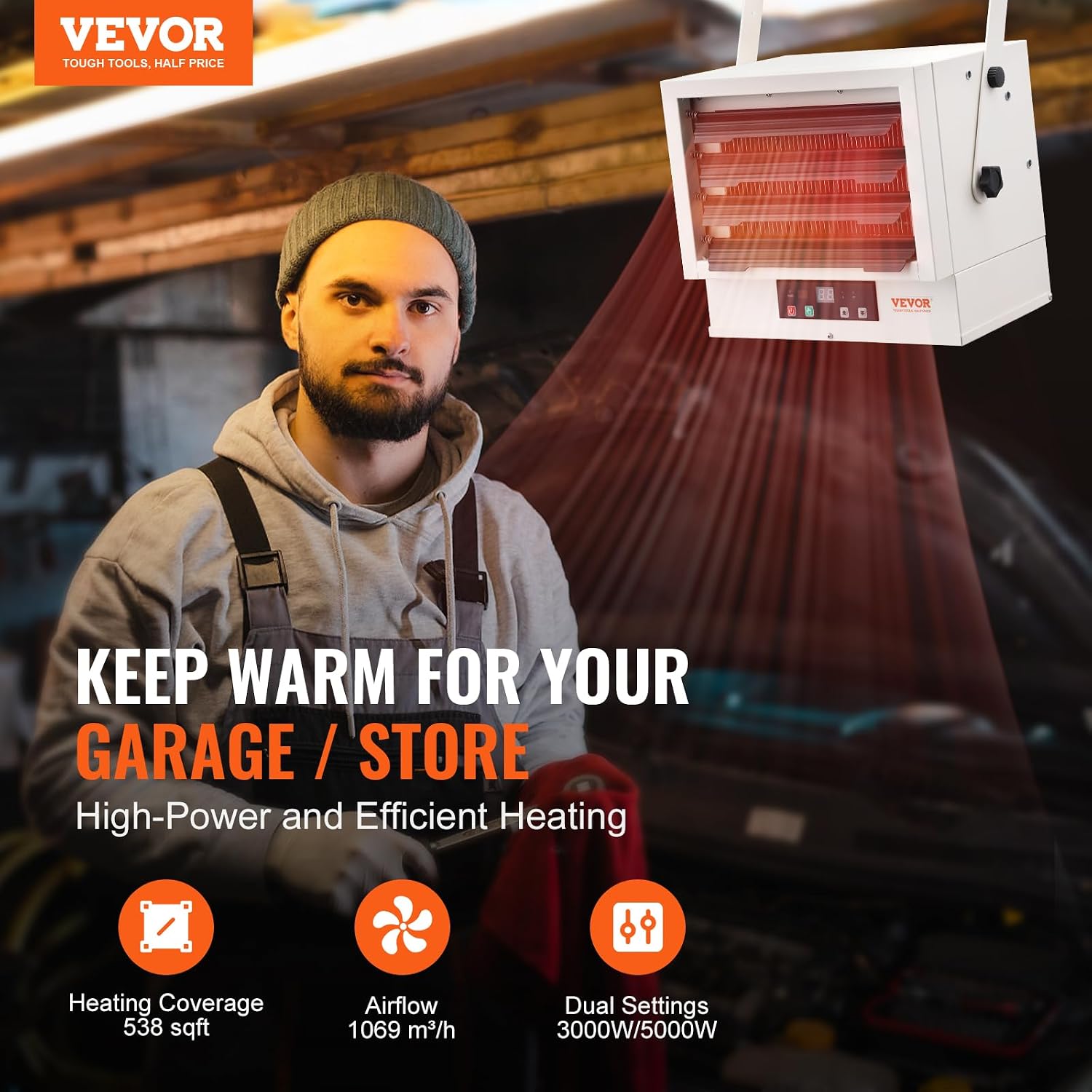 Electric Garage Heater, 5000 Watt Digital Fan Forced Wall Ceiling Mount Shop Heater, Remote Control, Overheat