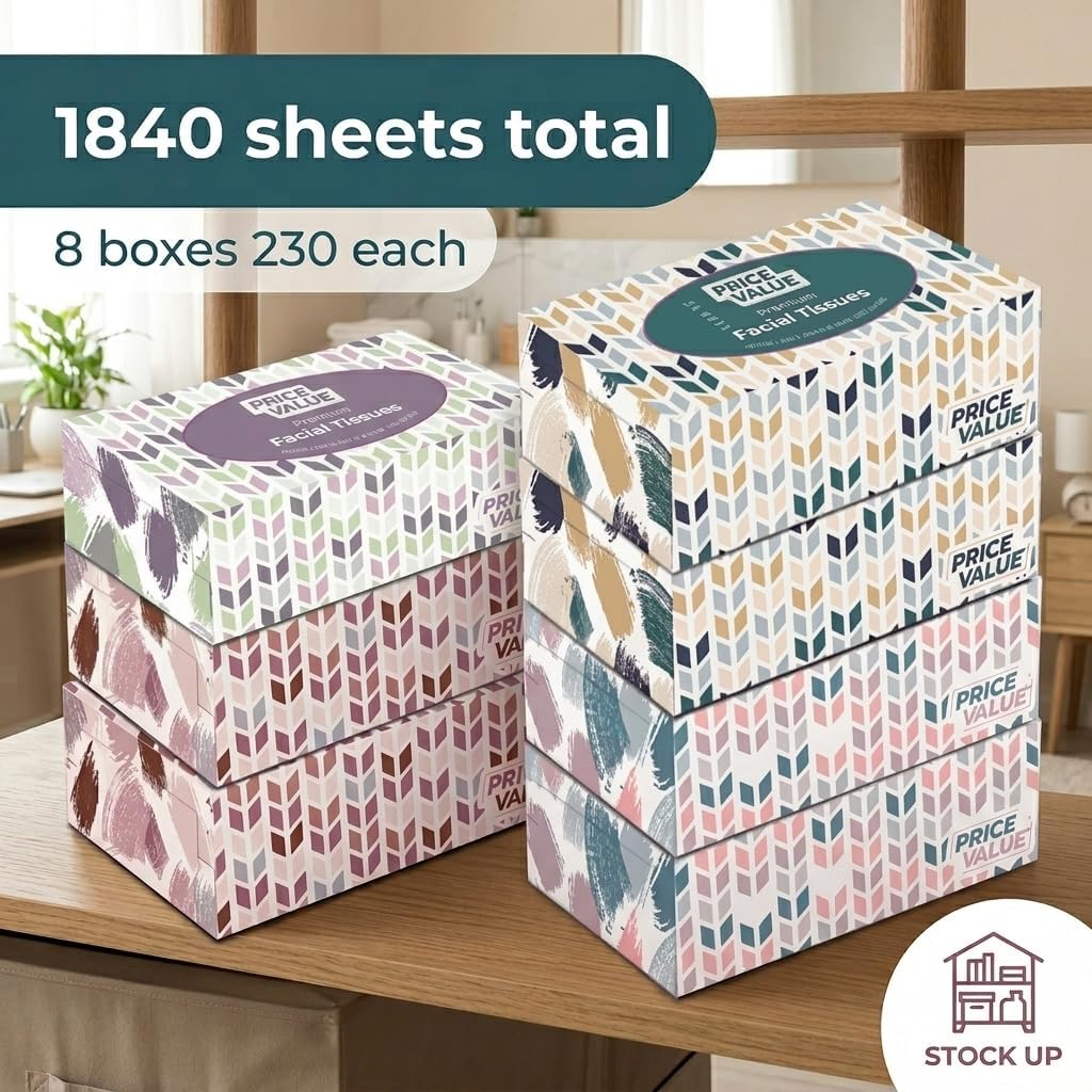 Facial Tissues Boxes Bulk, Soft 2-Ply, 230 Sheets, 8 Pack