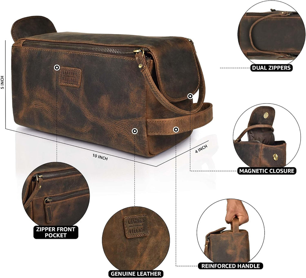 Genuine Leather Travel Toiletry Bag - Water-Resistant Dopp Kit for Toiletries, Large Shaving Bag & Bathroom Organizer