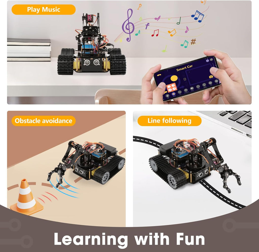 Robotics for Kids Ages 12-16, ACEBOTT 4 in 1 Smart Robot Arm with 5DOF + Tank Car, STEM Toys Coding Kit Compatible