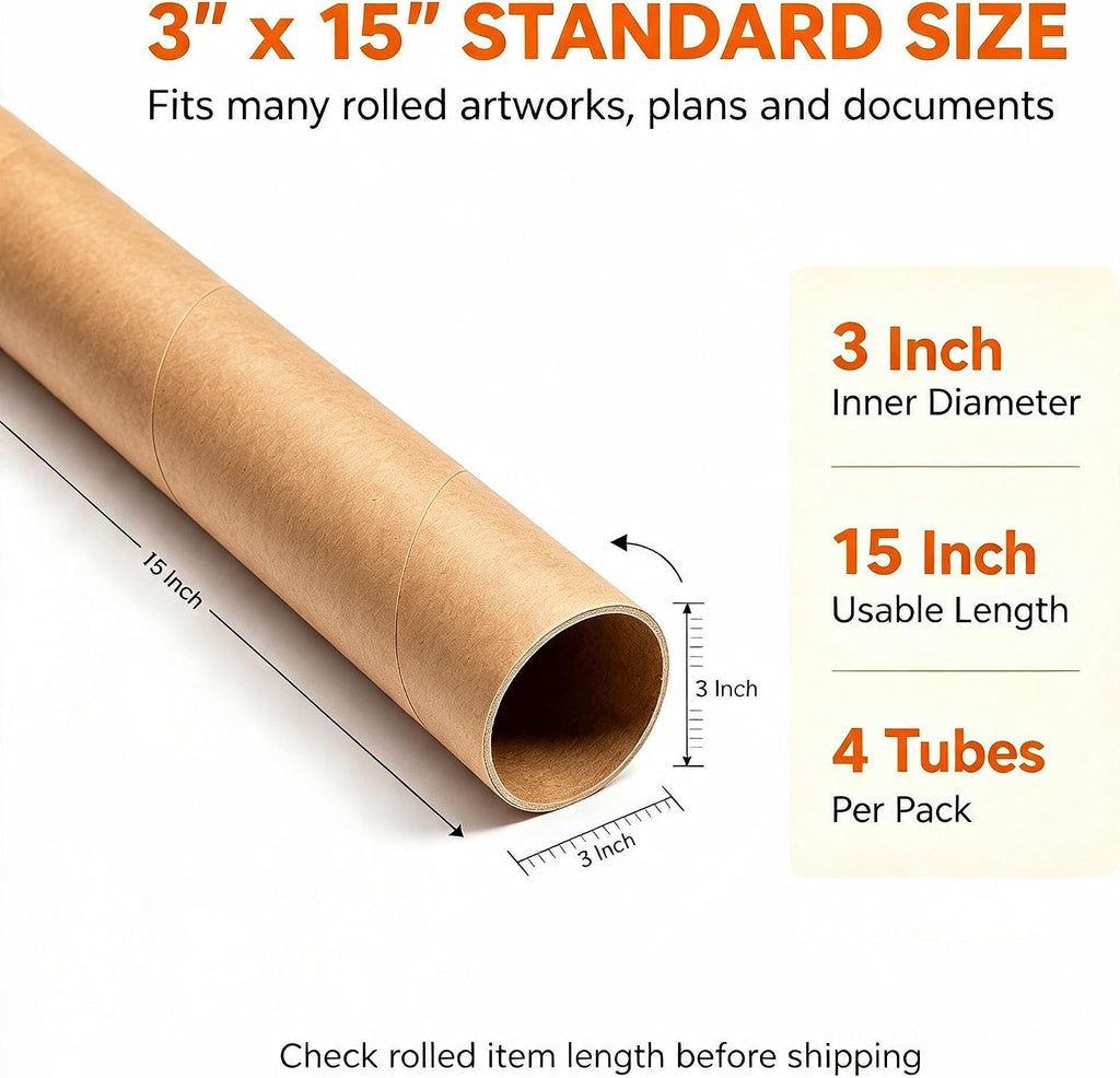 3"x15" Mailing Tubes with Caps, 8 Pack Cardboard Shipping Tube