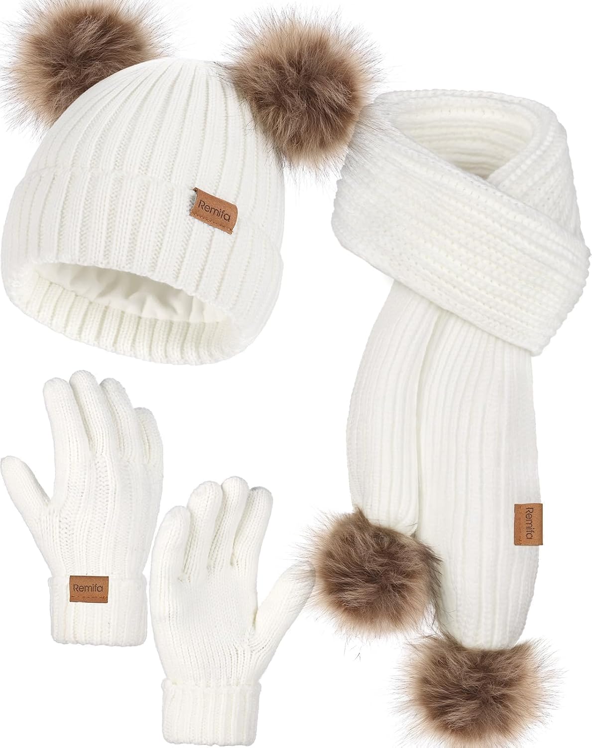 Kids Winter Hat Gloves Scarf Set, Toddler Girls Boy Fleece Lined PomPom Beanie Hat Kint Neck Long Scarf Warm Mittens