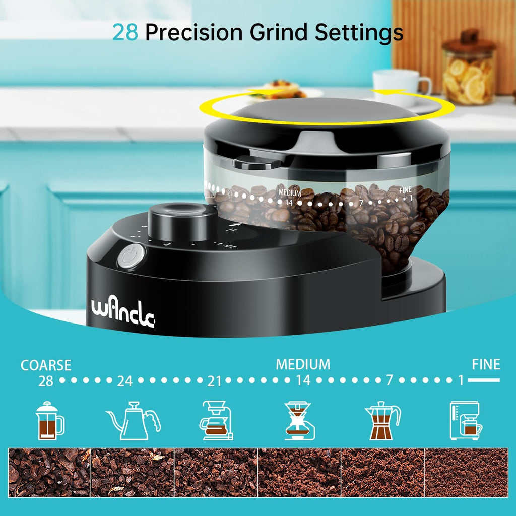 Electric Burr Coffee Grinder - Adjustable with 28 Precise Grind Settings for 12 Cups - Professional Coffee Bean