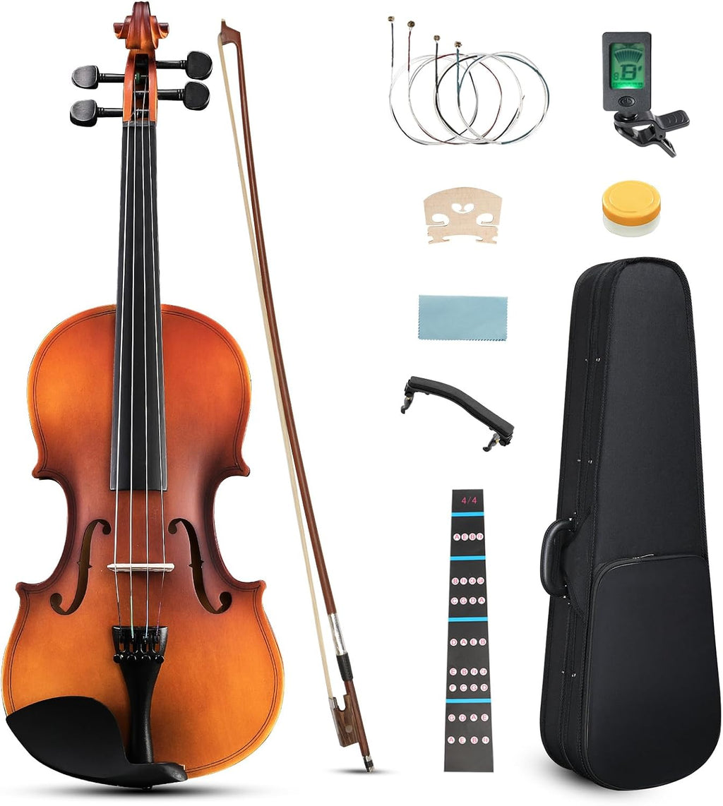 4/4 Full Size Acoustic Violin, Matte Finish | Beginner Kit, Hard Case, Bow, Rosin, Shoulder Rest, Bridge, Extra Strings