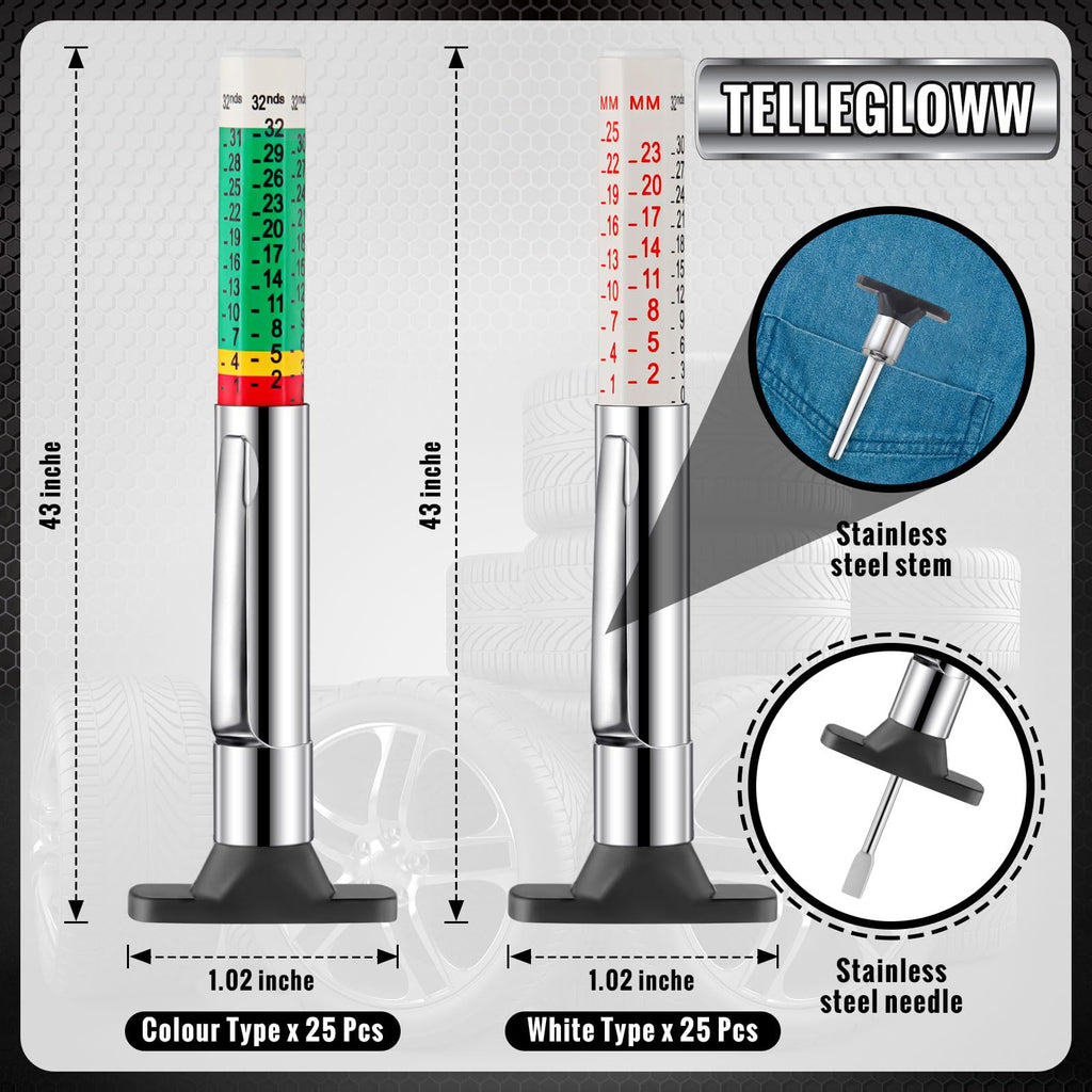 Tellegloww 50 Pcs Tire Tread Depth Gauge Color Coded, White and Green