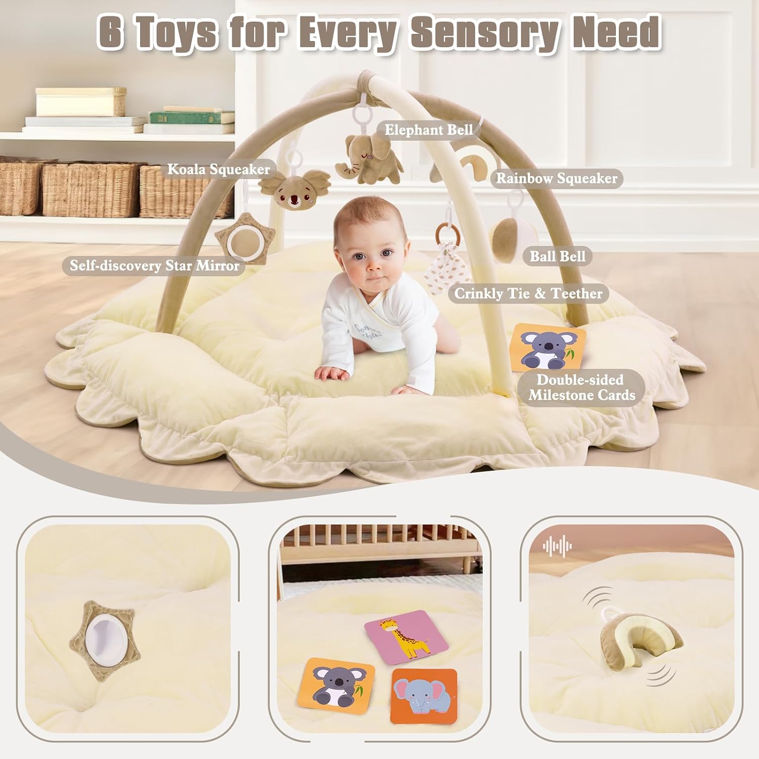 5-in-1 Plush Baby Play Gym, Activity Mat with Convertible Gym, Baby Gym 6 Sensory Toys, Play Center for Newborn to