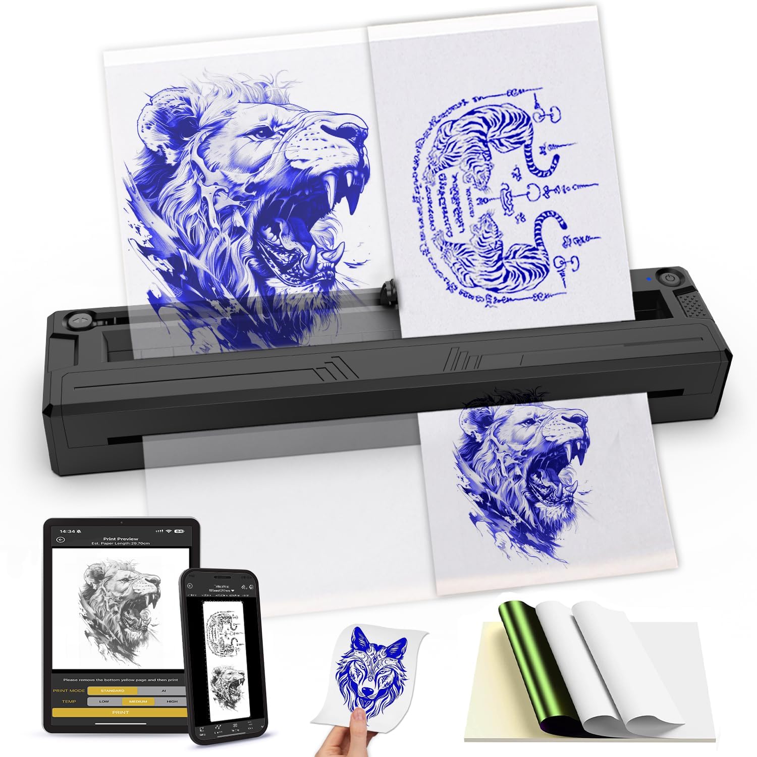 Wireless Tattoo Stencil Printer, Portable Bluetooth Thermal Tattoo Printer with App Custom-Size≤ A4, Print Realistic