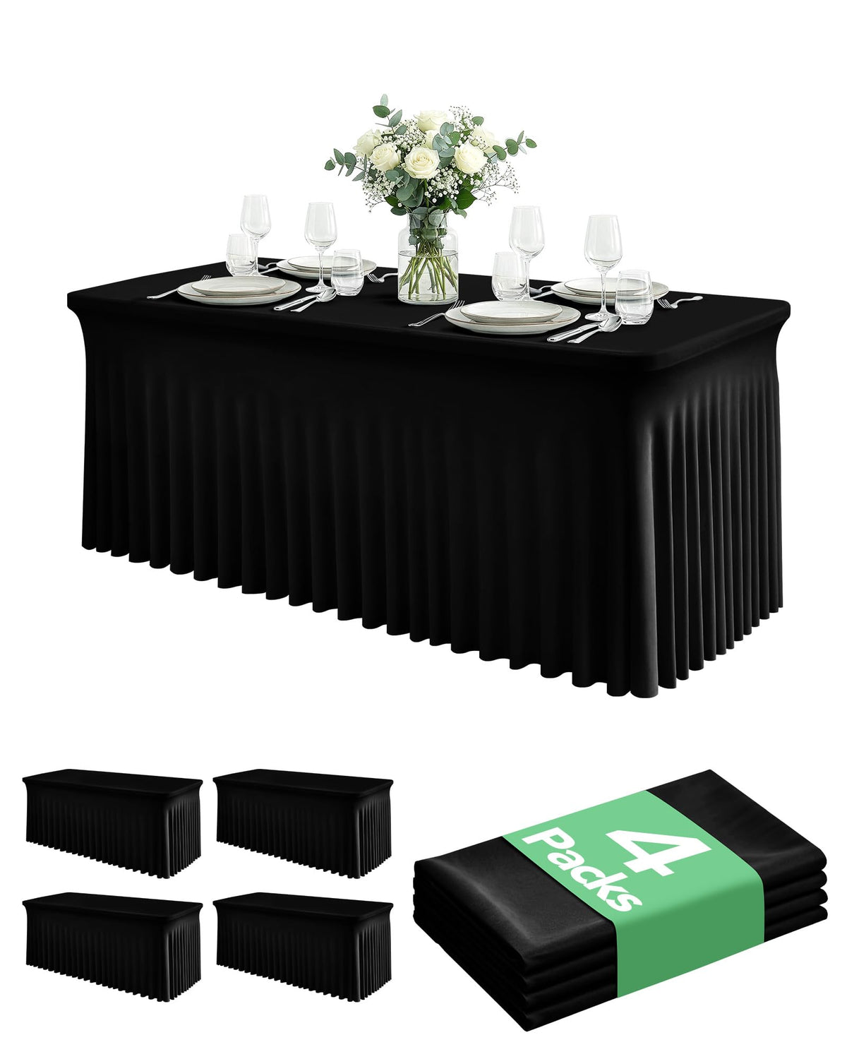 Spandex Table Cover Skirts with Floor-Length Ruffle, 8 ft, Black, 4 Pack