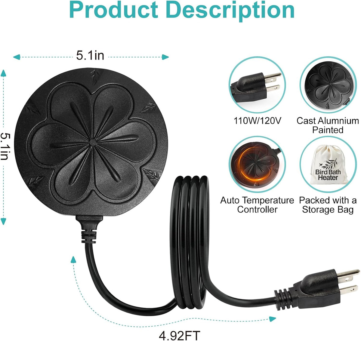110W Bird Bath Heater for Outdoors in Winter, Submergible Cast Aluminum Chicken Water Heater with Thermostatically