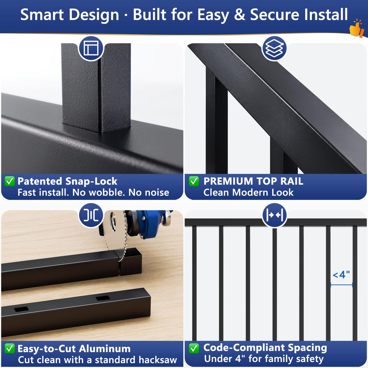 4 Pack 36 in H x 8 ft W Modular Aluminum Deck Railing Kit(4 Pannel)