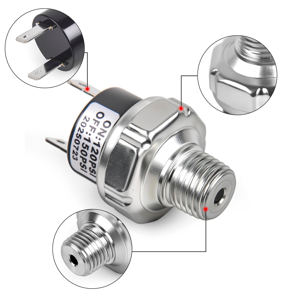 CNWZYMX 120-150 PSI Air Pressure Switch 1/4 NPT Thread, Silver 2PCS