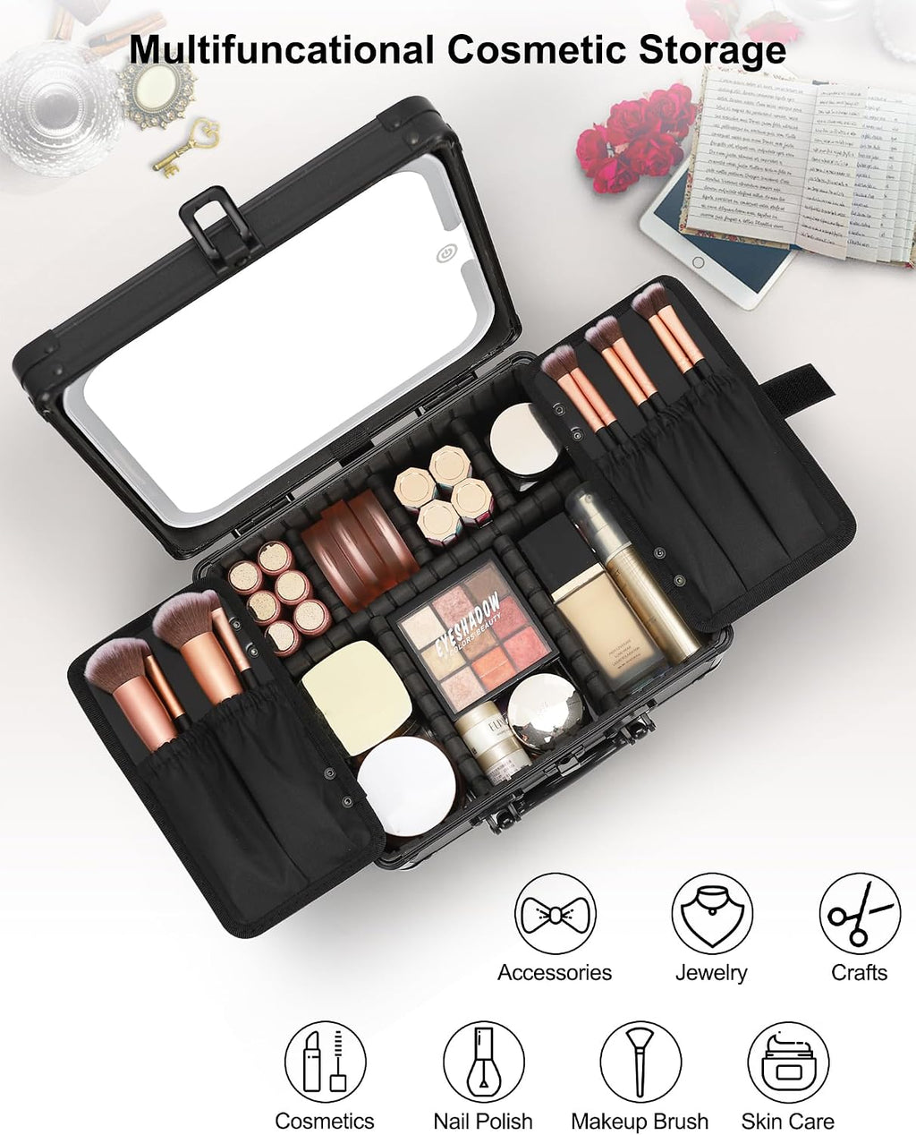 Makeup Bag with LED Mirror, Makeup Box Travel Train Case with Rechargeable Lighted Mirror & Adjustable Dividers