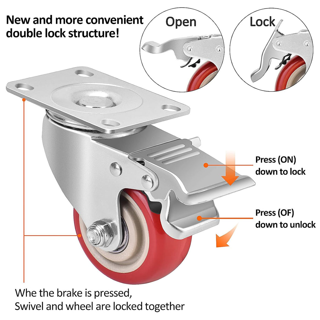 3 Inch Industrial Heavy Duty Swivel Caster Wheels with Brake,Set of 4 Safety Locking Casters,Load 1600lbs,Premium