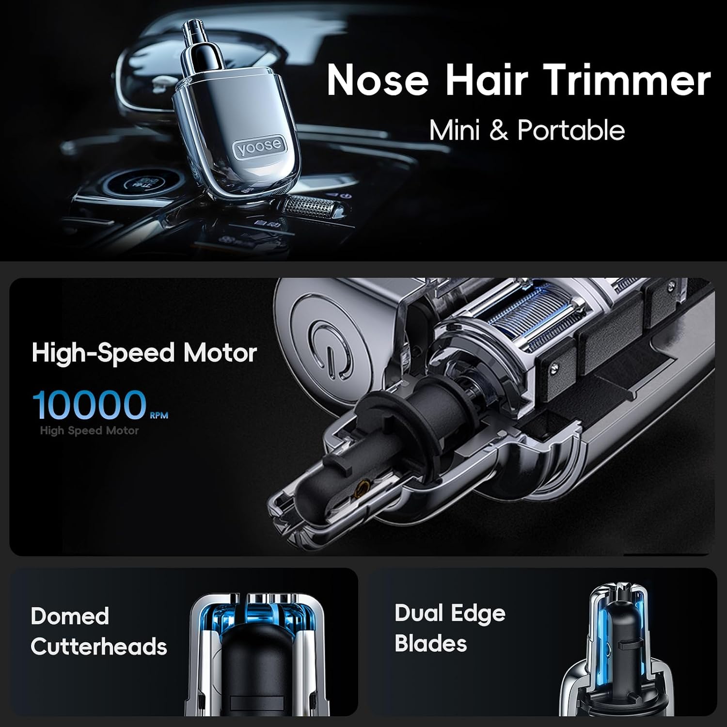 Nose Hair Trimmer, Alloy Nose Trimmer for Men and Women, Silver | IPX7 Waterproof, USB-C Rechargeable, Travle Size
