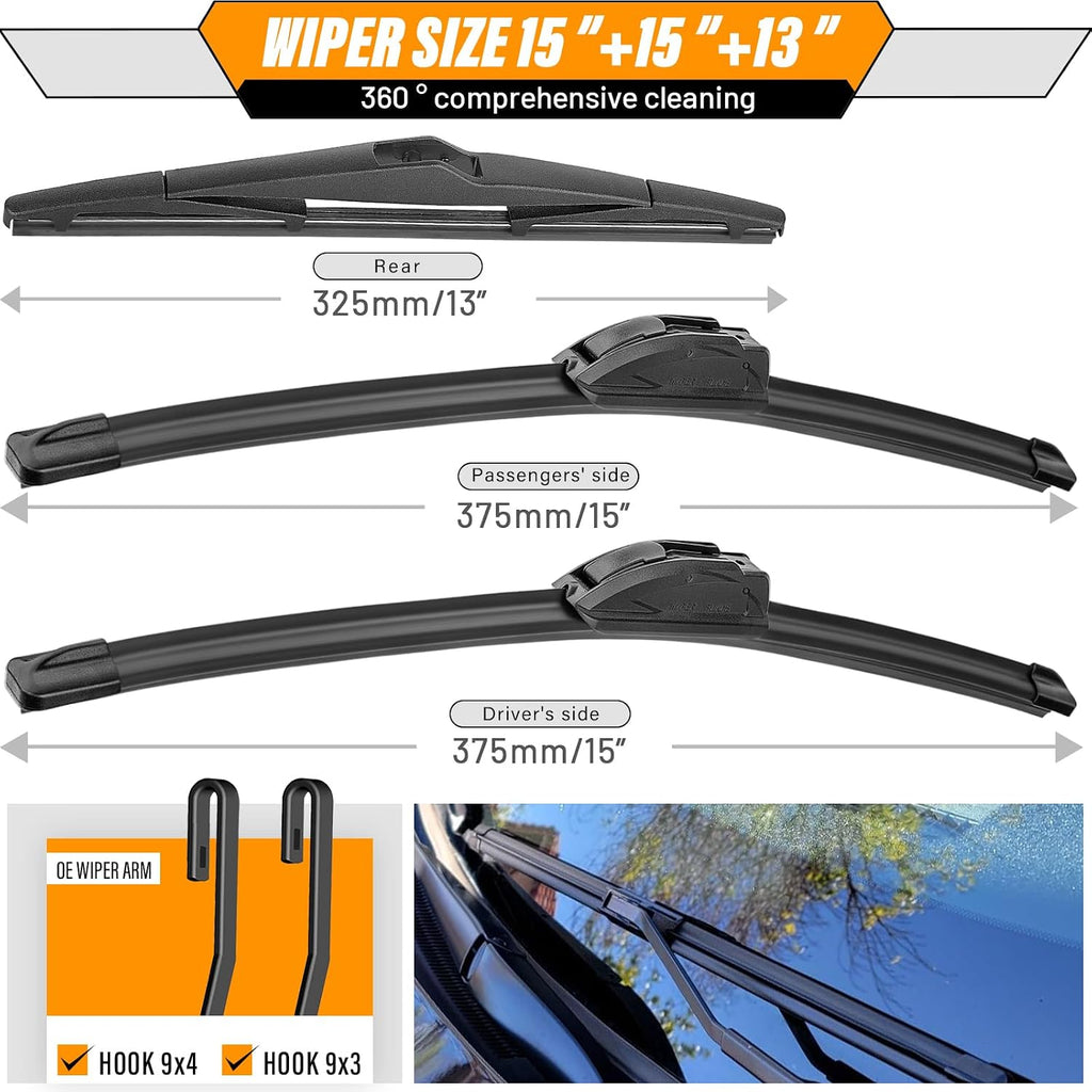 15"+15" Windshield Wipers with 13 Inch Rear Wiper Blade Replacement for Jeep wrangler JK 2008-2018,Jeep wrangler