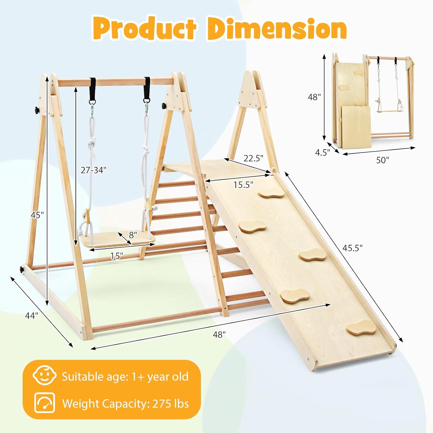 Kids Indoor Jungle Gym, Large 5-in-1 Playground Climber Playset with Baby Swing, Slide Ramp, Ladder & Climbing Wall