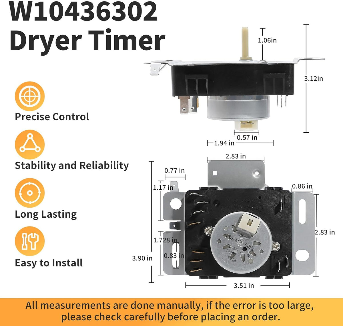 W10436302 WPW10436302 Dryer Timer Compatible with Whirlpool Kenmore Dryer