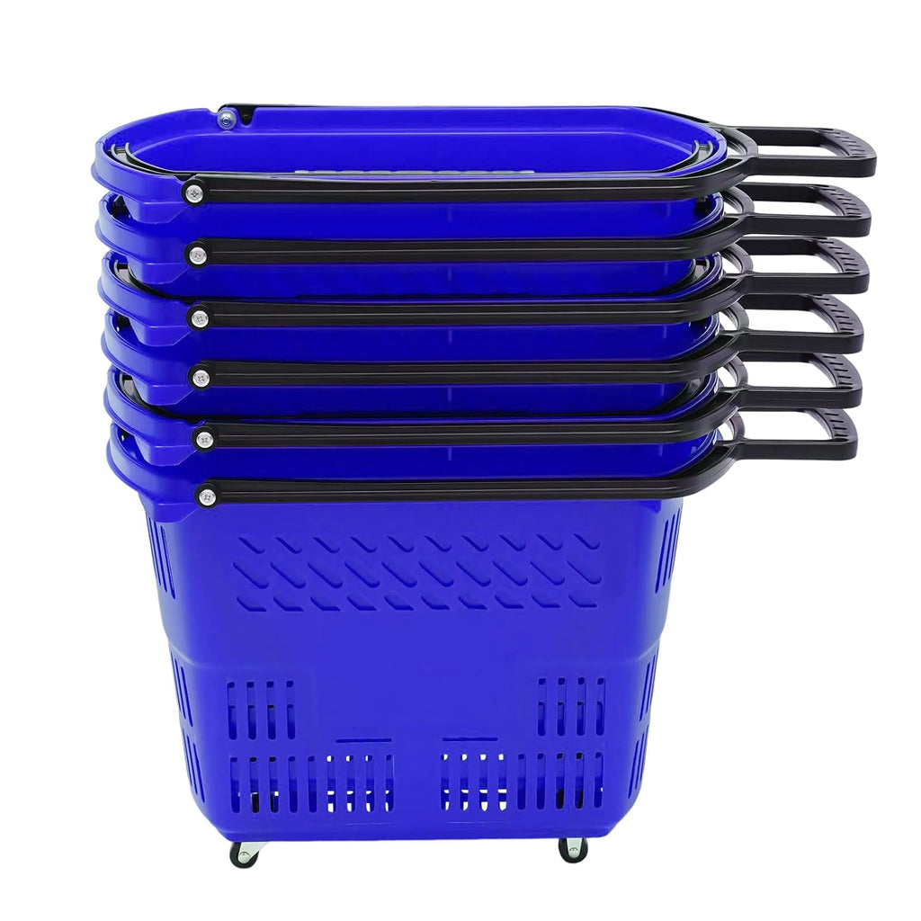 35L 6PCS Shopping Carts with Handles & Wheels, Portable Plastic Rolling Shopping Basket Set for Supermarkets and