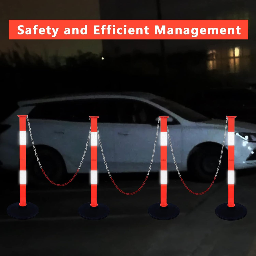 Traffic Delineator Post with Weighted Base & Reflective Collars, Adjustable Parking Cones with 4 FT Chains, Portable