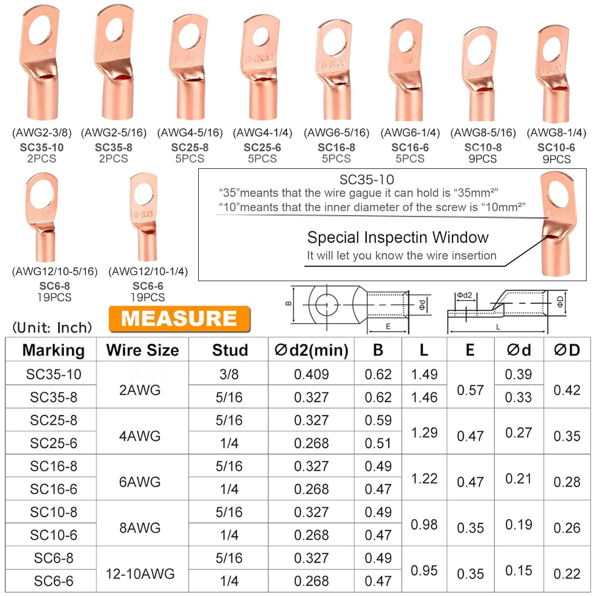 160Pcs Copper Wire Lugs AWG2 4 6 8 10 12 with Heat Shrink Set, 80Pcs Battery Cable Ends Ring Terminals Connectors