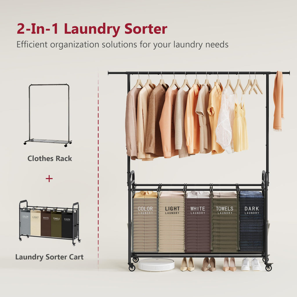 Laundry Sorter Cart with Hanging Rack, 5 Section, 5 Colors