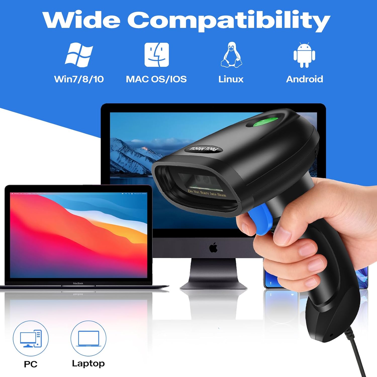 Handheld 1D&2D USB Barcode Scanner, Wired QR Code Scanner PDF417 Data Matrix Bar Code Reader with Long USB Cable for