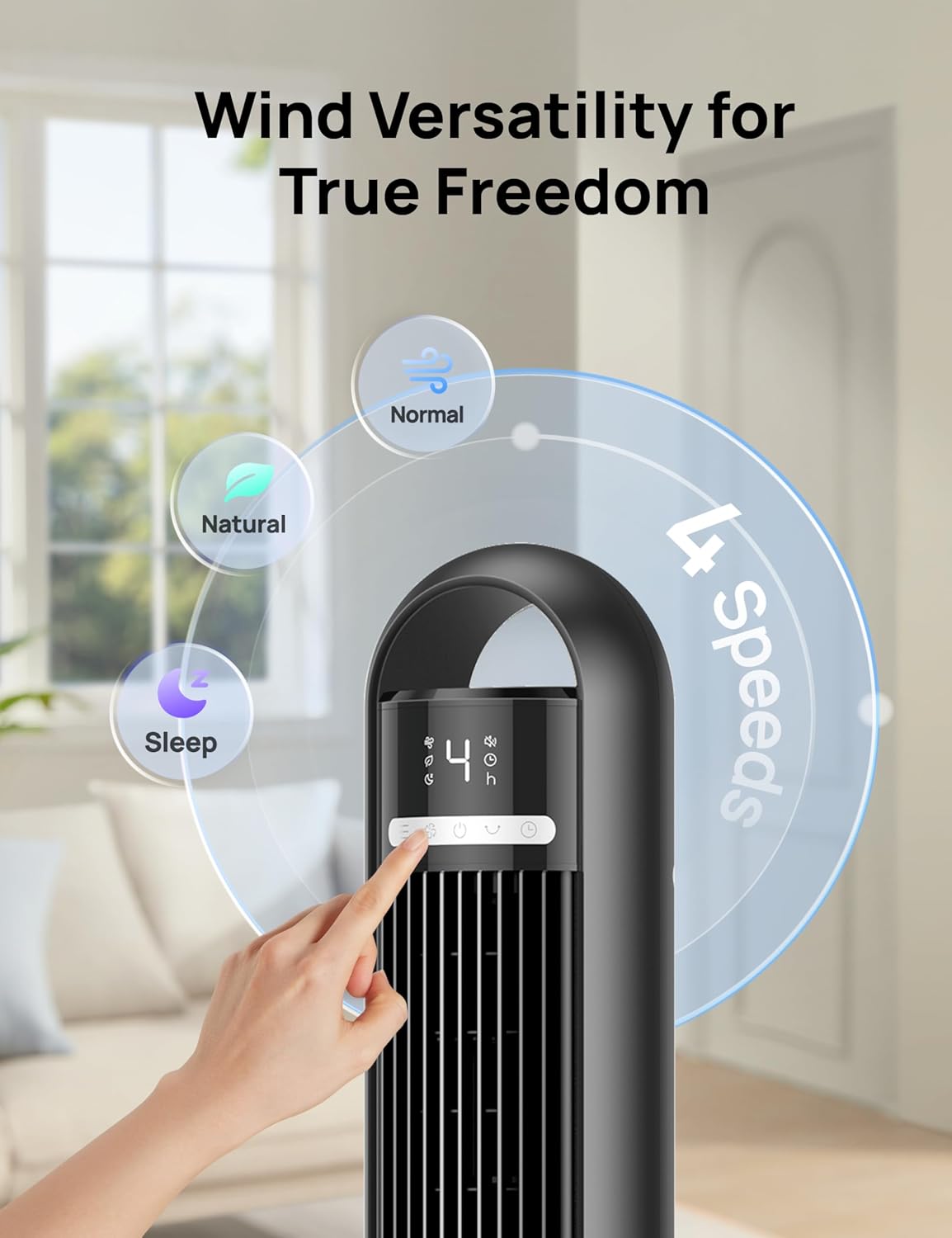 Tower Fan for Bedroom, 26ft/s Velocity, 90° Oscillating, 8H Timer | 4 Speeds, 3 Modes, 28dB Quiet Standing Fan, Floor