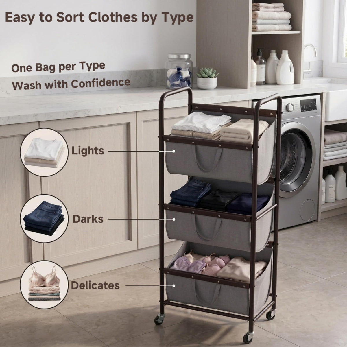 3 Tier Laundry Hamper Sorter, Rolling Laundry Basket on Wheels