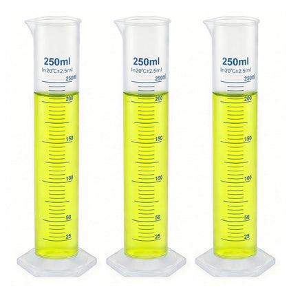 3pcs 250ml Plastic Graduated Cylinders, Lab Chemistry Measuring Cylinders Set - Durable Class A Polymer, Clear