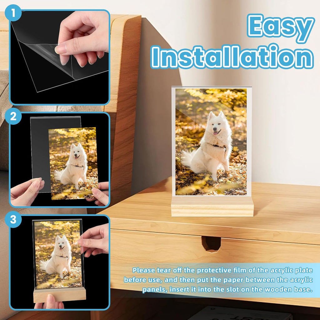 3 Pack 4"x6" Acrylic Sign Holder with Wood Base, L/T Shape Vertical or Slant Back Display, Clear Plastic Flyer