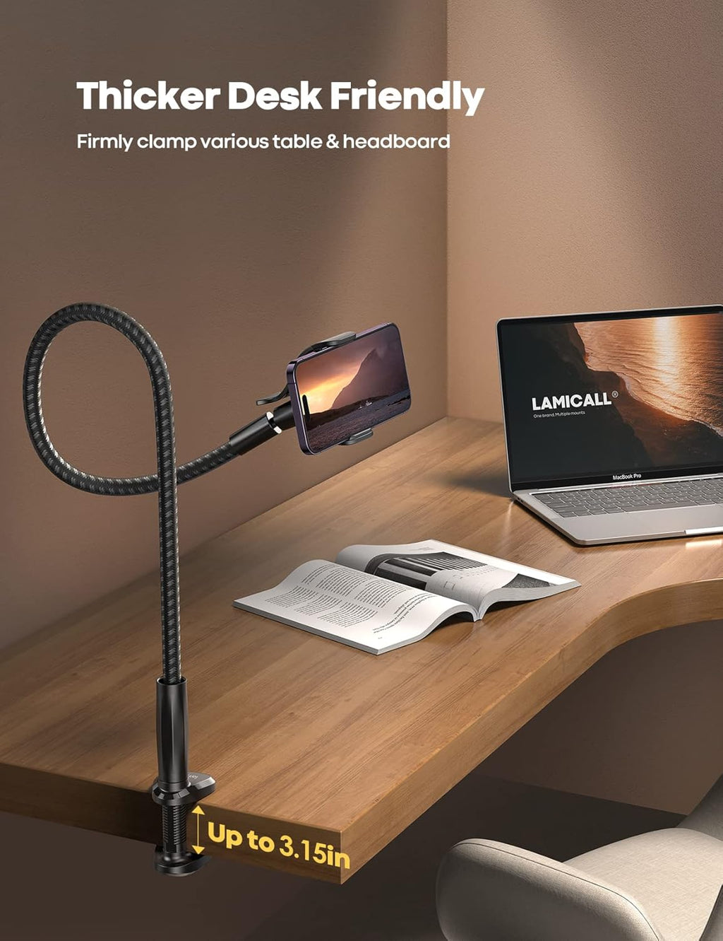 Gooseneck Phone Holder Bed - [Nylon Braided] Flexible Arm, 38inch Overall Length, 360 Adjustable Clamp Clip, Overhead