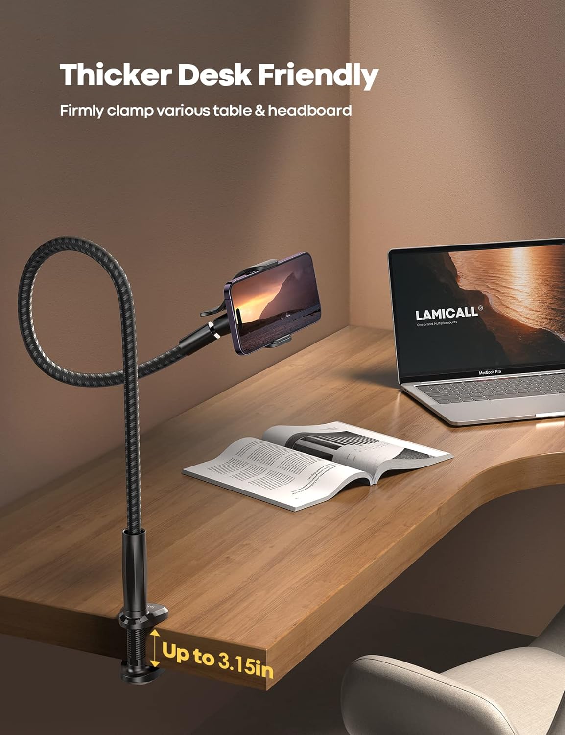 Gooseneck Phone Holder Bed - [Nylon Braided] Flexible Arm, 38inch Overall Length, 360 Adjustable Clamp Clip, Overhead