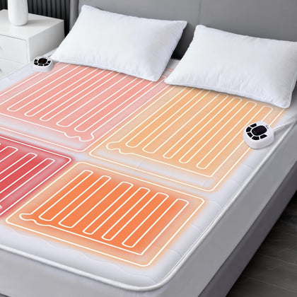Heated Mattress Pad Queen Size, Dual Control, 10 Heat Settings | 4-zone warmth, preheat & memory functions, 1-12 hour