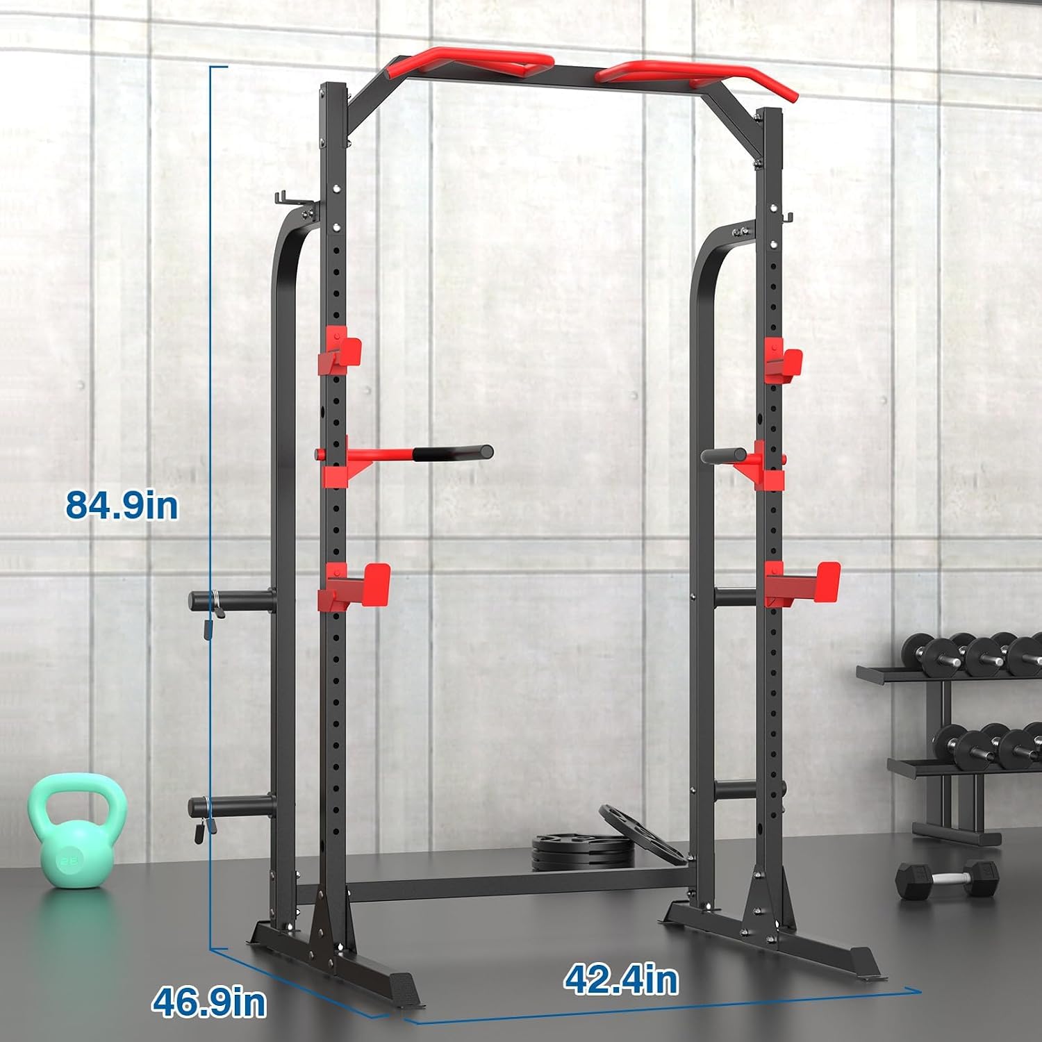 Power Cage Squat Rack, Power Rack with Pulley System, Adjustable Cable Crossover System, J-Hooks, Dip Handles, Weight