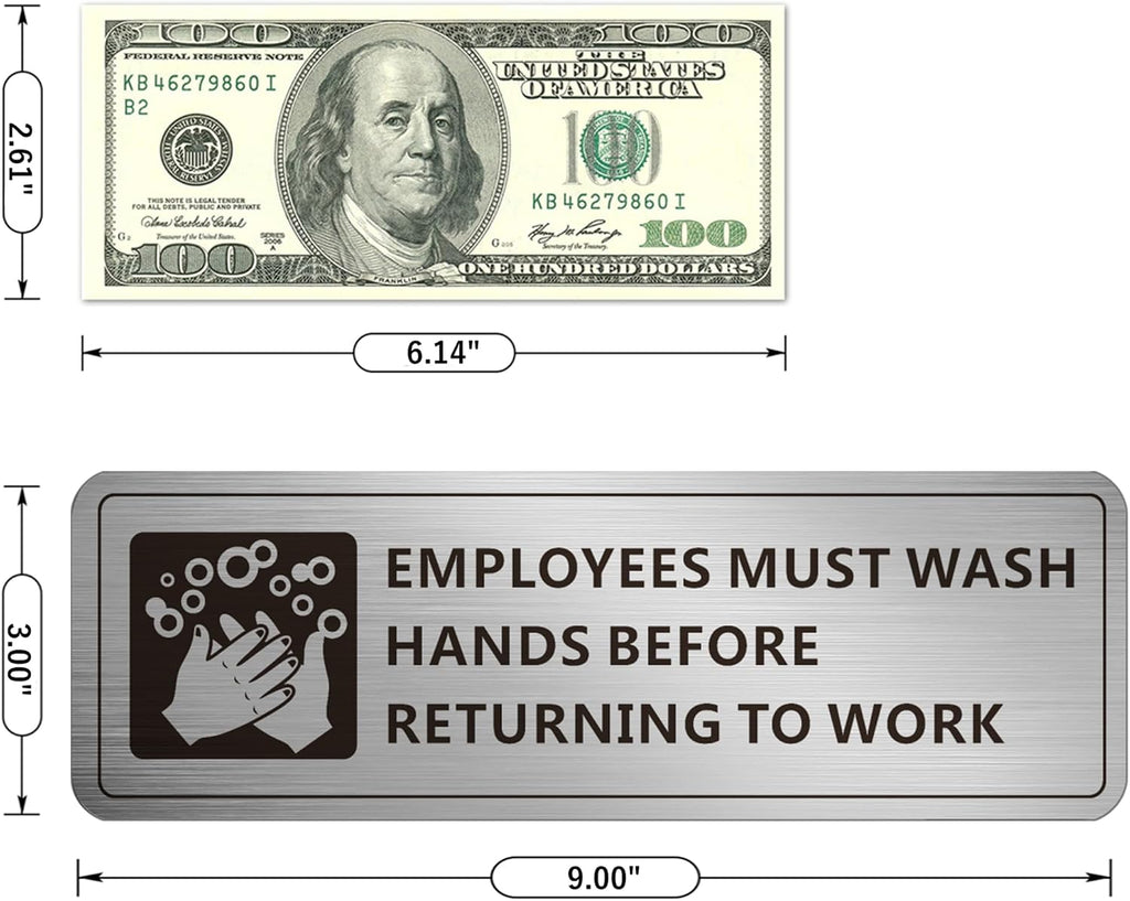 Employees Must Wash Hands Sign, (2 Pack) Self-adhesive Metal Signage for Office Bathroom, 9 x 3 Inch Waterproof