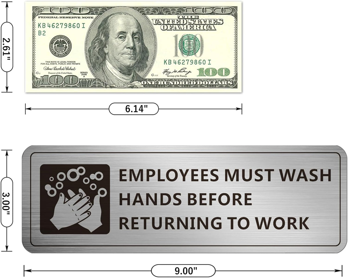 Employees Must Wash Hands Sign, (2 Pack) Self-adhesive Metal Signage for Office Bathroom, 9 x 3 Inch Waterproof