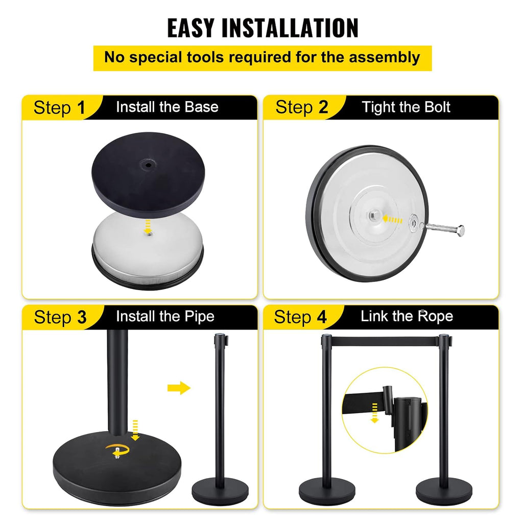 Crowd Control Stanchion Set, Stanchion Set with 6.6 ft/2 m Black Retractable Belt, Black Crowd Control Barrier