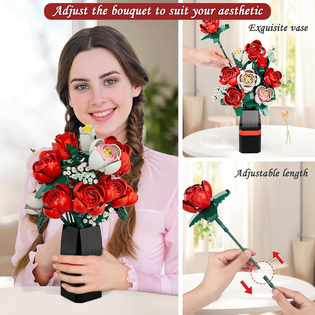 Flower Bouquet Building Set, Artificial Roses Toy Building Set with Vase, Building Blocks Flower Brick Toys for Home