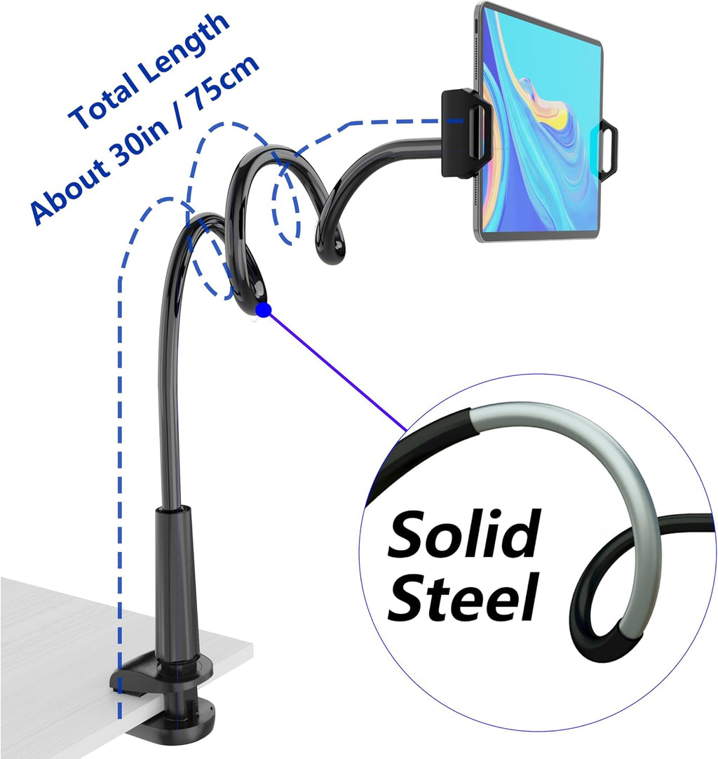 Gooseneck Tablet Holder for Bed, Reinforced Flexible Arm Tablet Stand with 360° Rotation, Hands-Free Clamp Mount for
