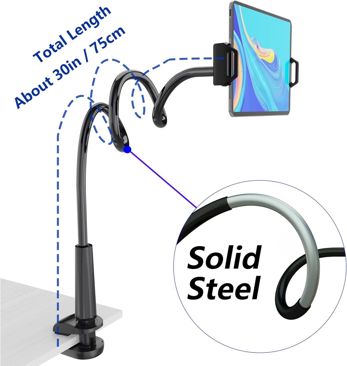 Gooseneck Tablet Holder for Bed, Reinforced Flexible Arm Tablet Stand with 360° Rotation, Hands-Free Clamp Mount for