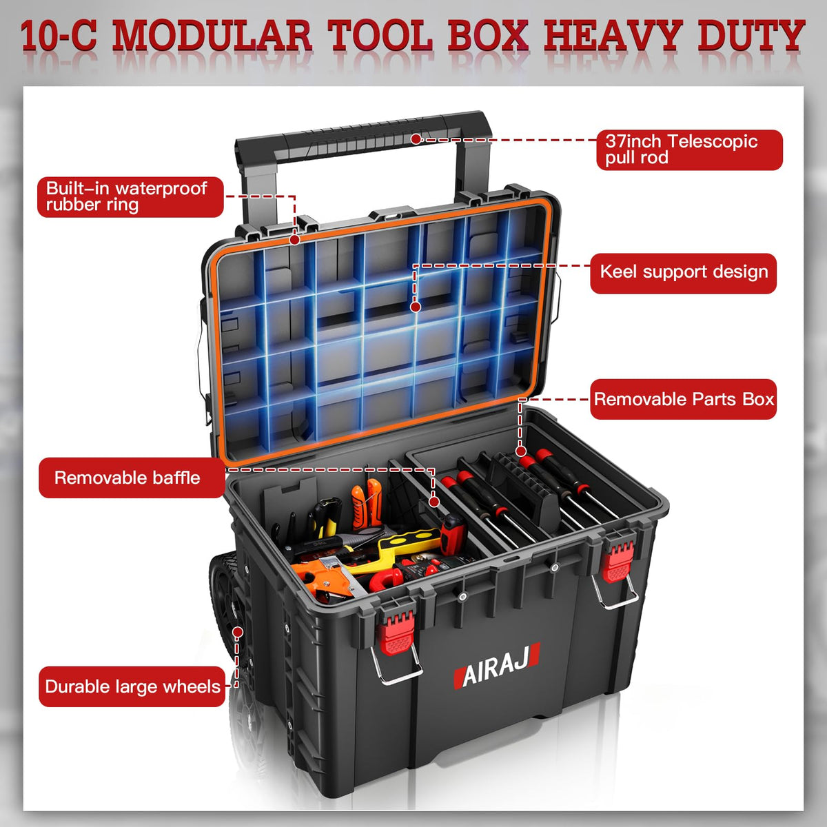 3 Tier Rolling Tool Box Heavy Duty, Stackable Tool Box with Wheels