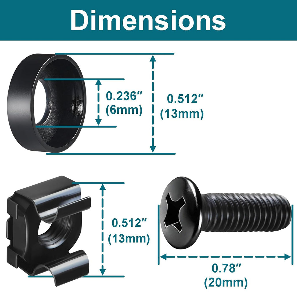 M6 Cage Nuts and Rack Screws Kit, 50-Pack, Rack Mount Cage Nuts