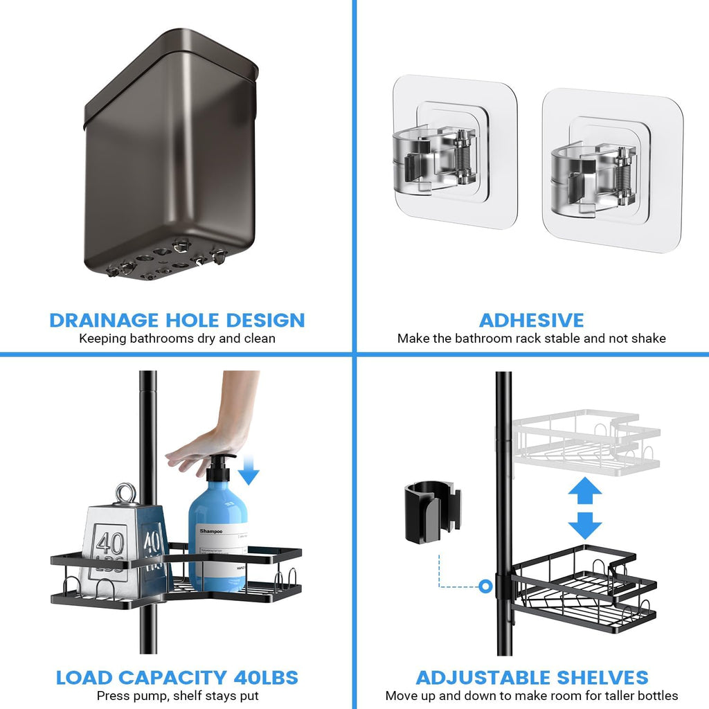 Adjustable Shower Caddy Tension Pole: Rustproof Corner Bathroom Shelves | 4-Tier 31-124" No Drill Standing Organizer