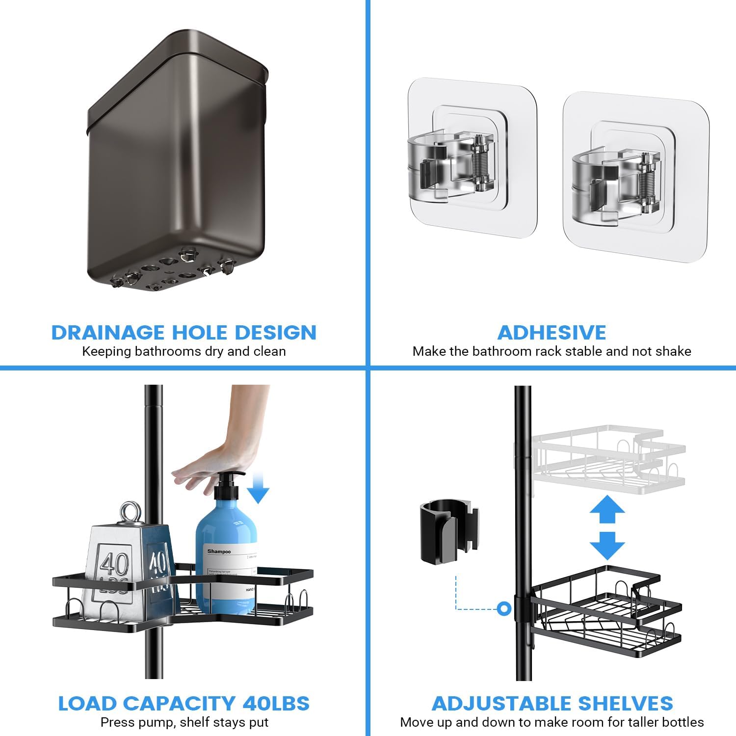 Adjustable Shower Caddy Tension Pole: Rustproof Corner Bathroom Shelves | 4-Tier 31-124" No Drill Standing Organizer