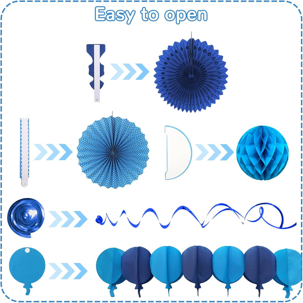 Blue Party Decorations, Easy Assembly Paper Fan Honeycomb Ball Garland Hanging Swirl Navy Blue Party Supplies for Boy