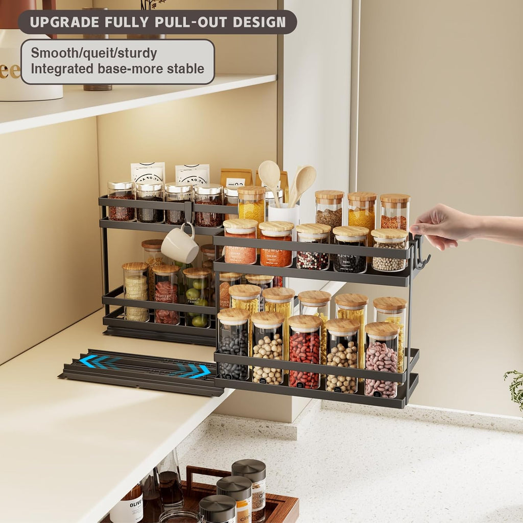 Pull Out Spice Rack Organizer for Cabinet, 2 Pack Metal Seasoning Organizer Slide Out Spice Storage Shelf No Assembly