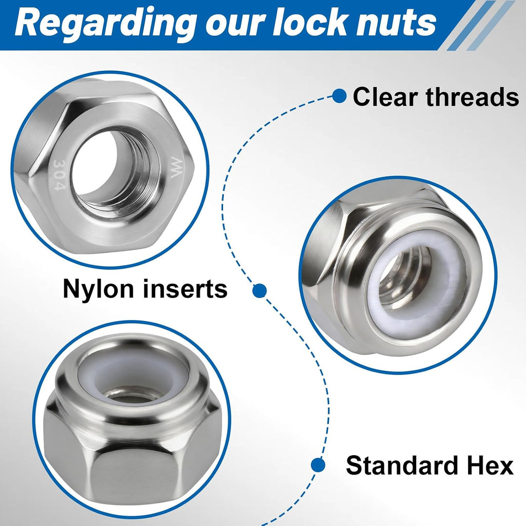 1/4"-20 Lock Nuts, 180Pcs Stainless Steel Hex Nylon Insert Locking nut