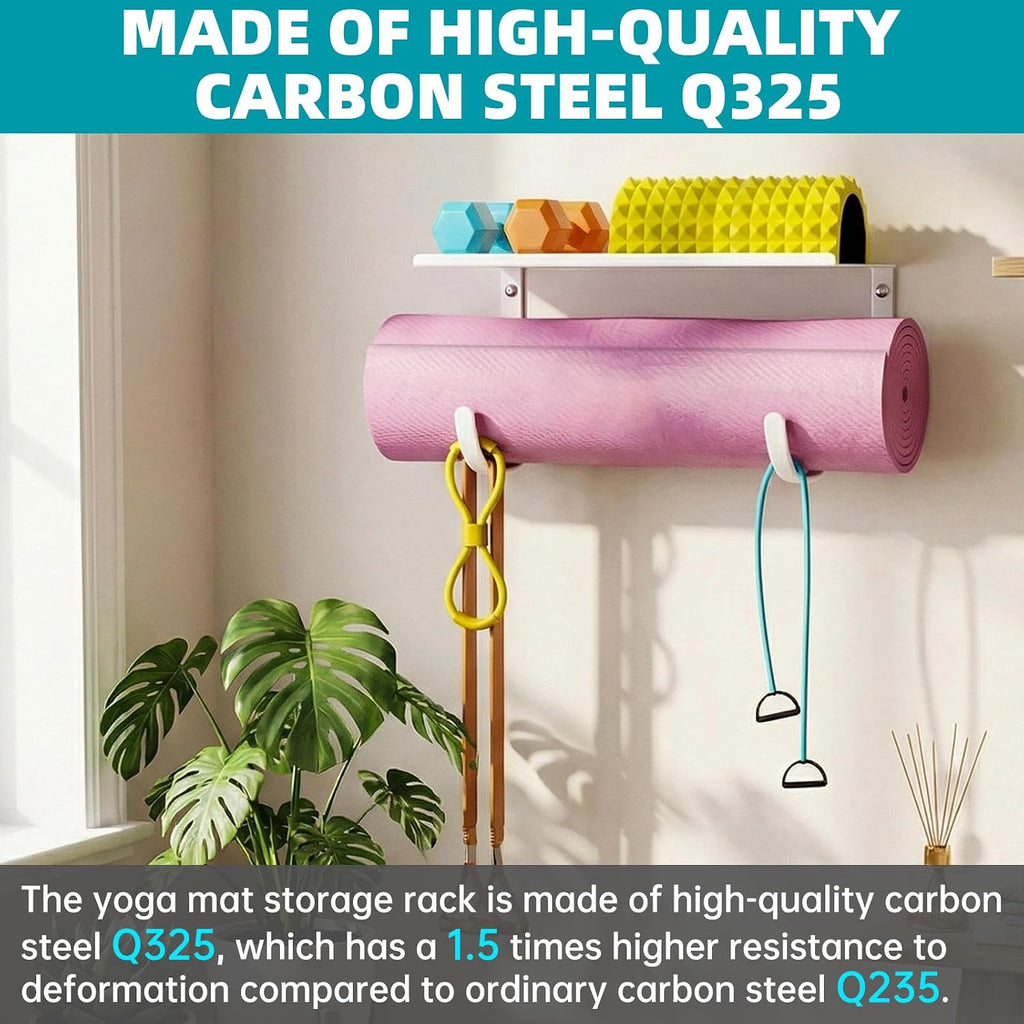 Yoga Mat Holder Wall Mount, No-Tie Mat Storage, Exercise Mat Storage Rack with Top Floating Shelf, Holding Yoga